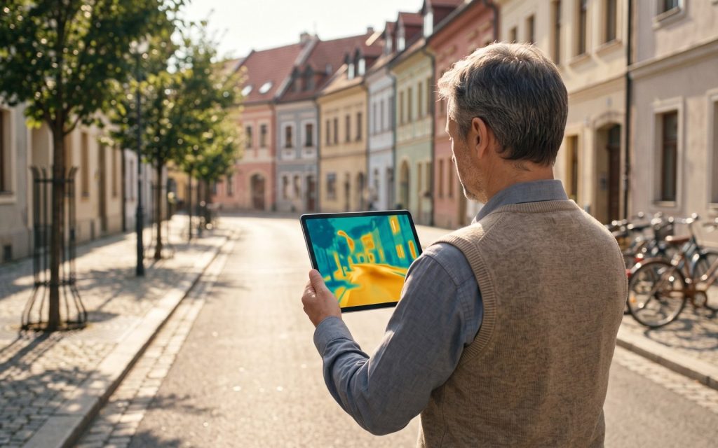 Tepelná mapa ulice na tabletu v letním městě