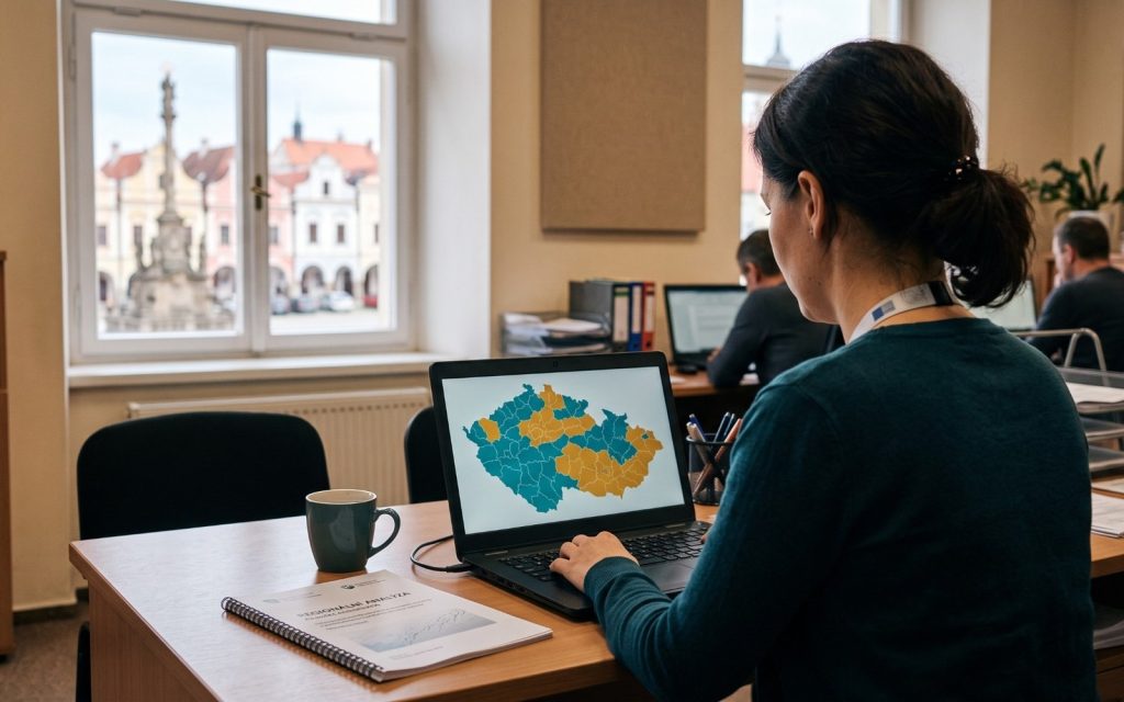 Úřednice na radnici prochází na notebooku mapu obcí ČR
